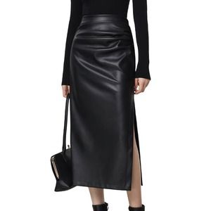 COMMENSE Faux Leather Ruched Slit Midi Skirt, Black - Size XL,